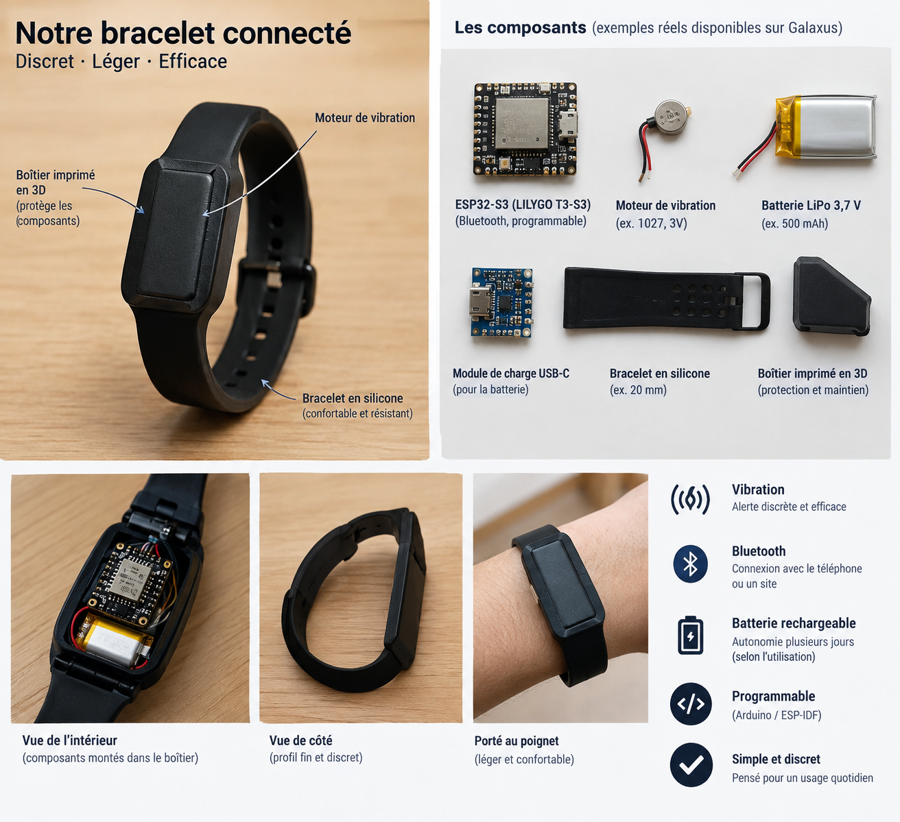 Le bracelet connecté Reveo : boîtier imprimé en 3D, moteur de vibration, bracelet en silicone, et ses composants (ESP32-S3, batterie LiPo, module de charge).